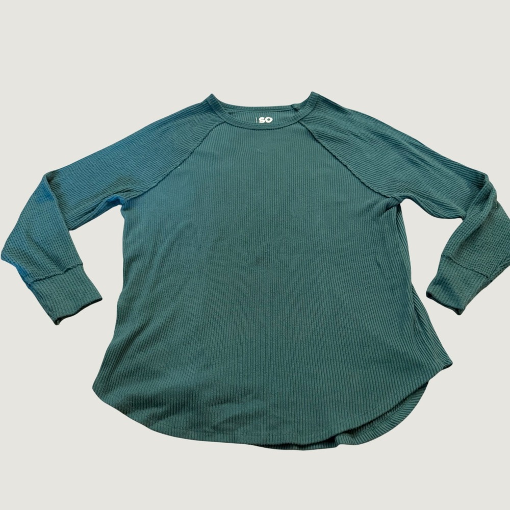 SO Goods For Life Womens Teal Green Ribbed Waffle Knit Raglan Top Size M